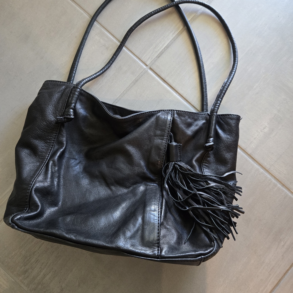 HOBO International Black Leather Shoulder Bag with Tassel